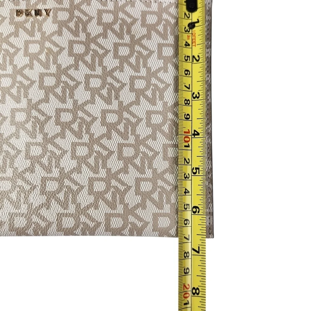 DKNY Bryant Park Logo Wristlet Pouch Cosmetic Bag Beige & Brown Faux Leather